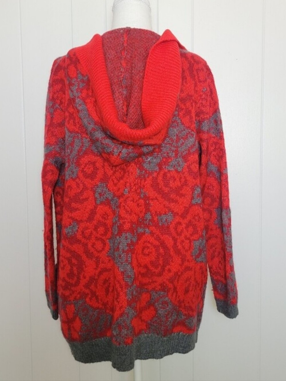 Anthropologie × Sparrow Maraschino Floral Sweater Coat Red & Gray Cardigan M/L - Picture 10 of 12